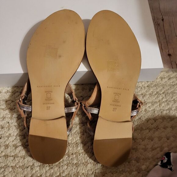 NEW Nantucket Soles Pewter Leather "Map Cut-out" Thong Slide Sandals 7m/37 $140N - Picture 7 of 11